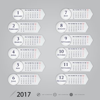 2017 Calendar Vector design stationery template.Calendar for 2017 year.Week starts Monday.Yearly calendar template.Calendar 2017 Set of 12 Months.Vector illustration.