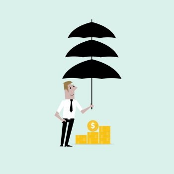 Manager,office worker or businessman with the beard holding triple umbrella over golden coins. Concept of business insurance or protection.Vector flat design illustration