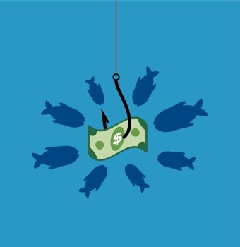 vector symbol with hook, bait and hungry fishes in temptation to catch a dollar