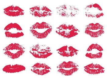 vector set of stylized red woman lipstick kiss prints isolated on white background 