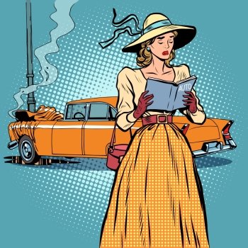 Woman crash car retro funny pop art retro style. Transport and cars. Repairs and insurance. Manual for repair. Woman crash car retro funny