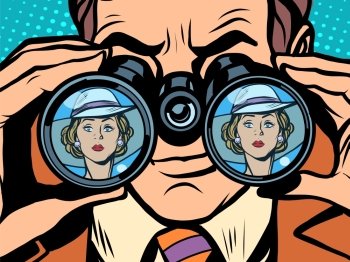 Love couple man woman binoculars pop art style retro. Love and jealousy. Surveillance. Love couple man woman binoculars