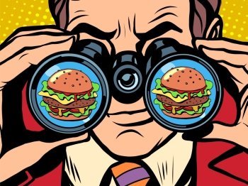 A hungry man wants a Burger pop art retro style. Hunger and food. Man looking through binoculars. hungry man wants a Burger