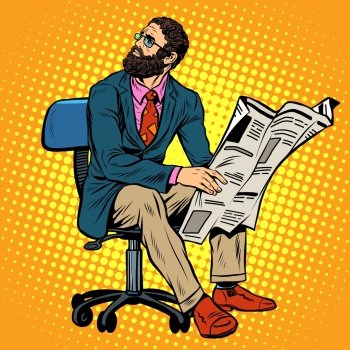 Bearded businessman reading a newspaper pop art retro style. News and press. Work in the office. Newspaper office. Bearded businessman reading a newspaper