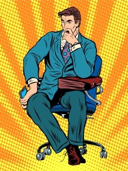 thoughtful businessman sitting in chair pop art retro style. Businessman with bag. To think. thoughtful businessman sitting in chair