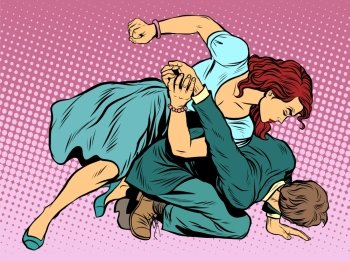 Woman beats man in fight pop art retro style. Woman hits a man. Self defence women. Competition. The war of the sexes. Woman beats man in fight