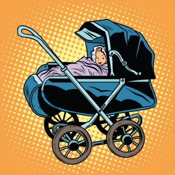 baby nursery retro stroller pop art retro style. transport for children. Childhood and motherhood. baby nursery retro stroller