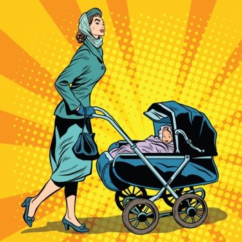 mom and stroller with baby pop art retro style. Mom walks with baby in the fresh air. Mom in the Park. mom and stroller with baby