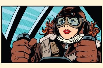 Girl retro pilot at the controls of the aircraft pop art retro style. The captain of the aircraft. Air transport. Girl retro pilot on the plane
