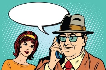 woman and man talking on the phone pop art retro style. Boss and Secretary. woman and man talking on the phone