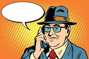 business boss Director says on the phone pop art retro style. The head of the company businessman. Retro businessman vector. business boss Director says on the phone