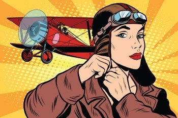Girl retro military pilot pop art retro style. The army and air force. A woman in the army. Girl retro military pilot