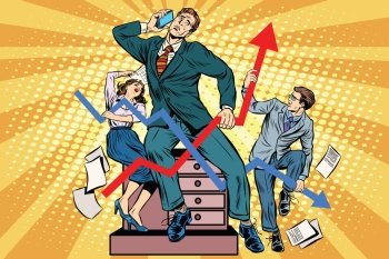 Businessmen and sales schedules pop art retro style. The businessman in the image of Laocoon and his sons. Ancient myths. Businessmen and sales schedules