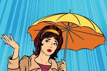 Beautiful sad girl in rain with umbrella, bad weather pop art retro vector. Umbrella rain vector. Retro girl in the fall. Thunderstorm and rain