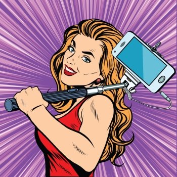 Selfie girl sports woman pop art retro vector. Blonde with a selfie stick. The mobile phone gadgets photography. Selfie girl sports woman