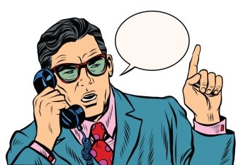 Business boss talking on the phone pop art retro vector. The business negotiations. Telephone support.. Business boss talking on the phone