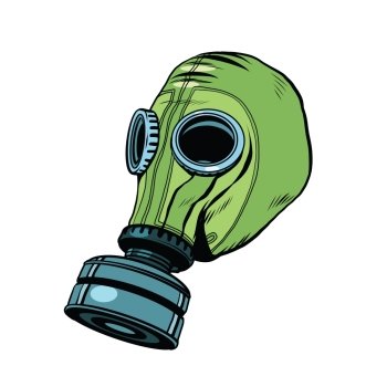 Gas mask, vintage rubber green pop art retro vector. Chemical and biological protection. Military equipment, nuclear contamination. War, White background