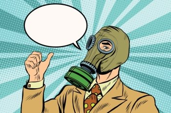 Gas mask man thumb up pop art retro vector. Environmental business gas mask. Gas mask man thumb up