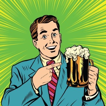 Retro man with a beer pop art vector. Beer pubs and bars. Retro advertising of alcoholic beverages. Retro man with a beer pop art