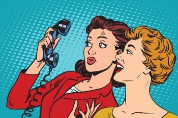 Two girlfriends and a telephone pop art retro vector. Retro smartphones and communication. Two girlfriends and a telephone