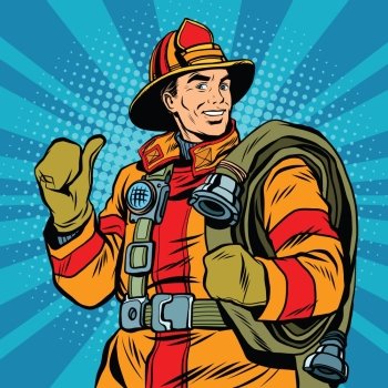Rescue firefighter in safe helmet and uniform pop art retro vector. The professional rescuer. Rescue firefighter in safe helmet and uniform pop art
