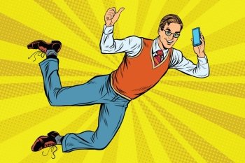 Flying hipster with a smartphone pop art retro vector. New technology. Retro businessman. Flying hipster with a smartphone