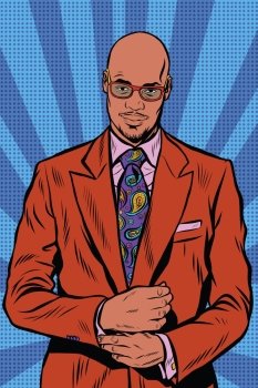 Retro hipster African American, black man, elegant suit and sunglasses. A bald man with a beard, pop art retro vector
