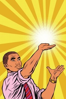 African businessman or politician hand of hope pop art retro vector. The sun on his open palm. African businessman or politician hand of hope