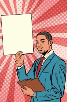 Businessman with advertising poster, pop art retro vector. A black man African American, or Hispanic.