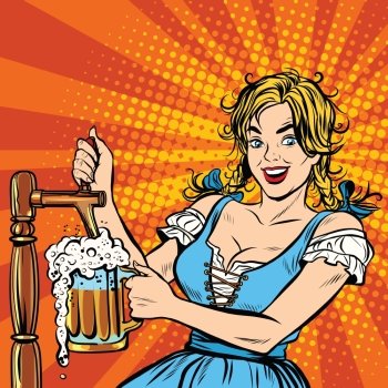 Young blond woman pours a beer, dressed in a national costume of Germany pop art retro vector. Oktoberfest beer festival