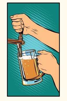 The bartender pours a glass of beer pop art retro vector. Pub and draught alcohol. The bartender pours a glass of beer