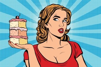 Pop art girl diet cake retro vector. Sweet food, pastries