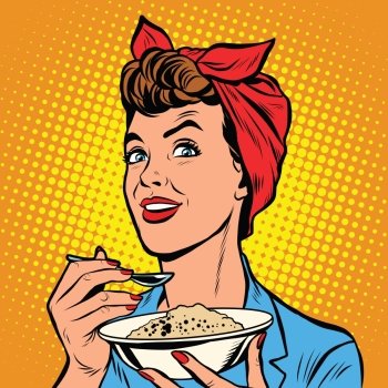 Woman with bowl of delicious cereal pop art retro vector. Mom cooks in the morning. Woman with bowl of delicious cereal