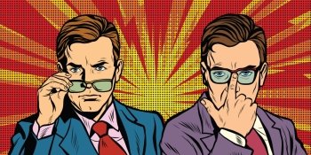 Two men with glasses look simply pop art retro vector realistic hand drawing illustration. Two men with glasses look simply