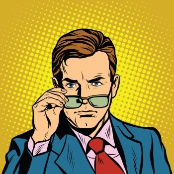 The man takes off his glasses pop art retro vector realistic hand drawing illustration. The man takes off his glasses