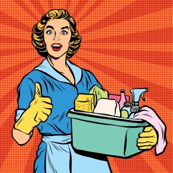 Quality home cleaning, housewife. Pop art retro vector, realistic hand drawn illustration.Professional service