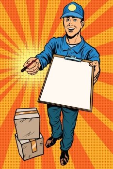 Courier delivery service mail and parcels. Pop art retro vector, realistic hand drawn illustration.
