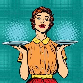 Woman waiter with two trays. Pop art retro vector, realistic hand drawn illustration. The choice of dishes