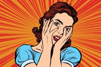 Attractive woman covering her face with both hands. Pop art retro vector, realistic hand drawn illustration.