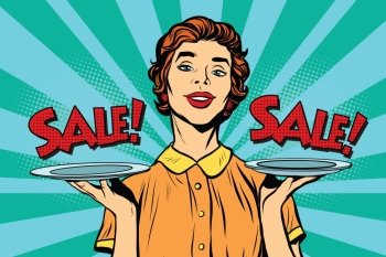 Woman sale on a tray. Pop art retro vector, realistic hand drawn illustration. Best deal for buyers of business concept