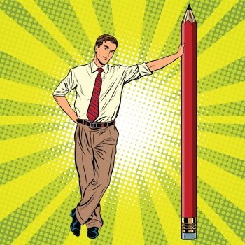 Retro engineer with a pencil pop art retro vector, realistic hand drawn illustration. Professionals at work