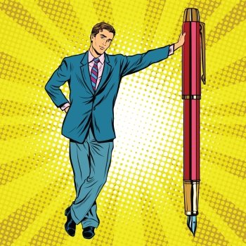 Businessman with fountain pen pop art retro vector, realistic hand drawn illustration.