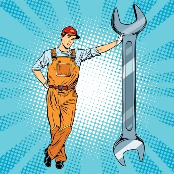 Mechanic with a wrench pop art retro vector, realistic hand drawn illustration. Repair of motor vehicles, motorcycles and mechanisms