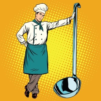 Professional chef with ladle pop art retro vector. Cooking and Haute cuisine. Professional chef with ladle