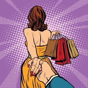Follow me, young woman leads a man on a shopping. pop art retro vector. Discounts and sales