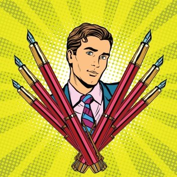 businessman and ink fountain pen icon pop art retro vector. businessman and ink fountain pen icon