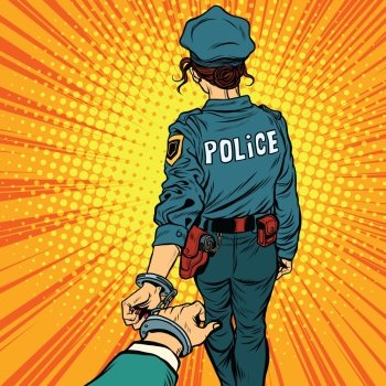 Follow me, a woman police officer is arrested by the hand. pop art retro vector. Law and order