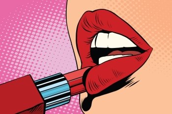Girl paints her lips with red lipstick, makeup pop art retro vector. The beauty of the face