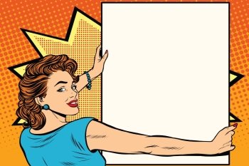 Pop art woman holding a poster retro vector illustration. copy space for the announcement and advertising. Pop art woman holding a poster