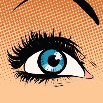 Close-up blue woman eye looking up pop art retro vector illustration. blue woman eye looking up